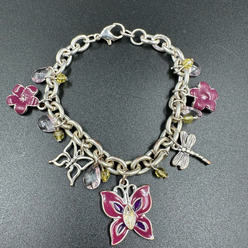 Enamel Garden Charm Bracelet Butterfly Dragonfly Flowers and Crystals